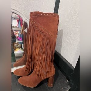 Woman Country Western Fringe Leather Boots Sz 10 Camel